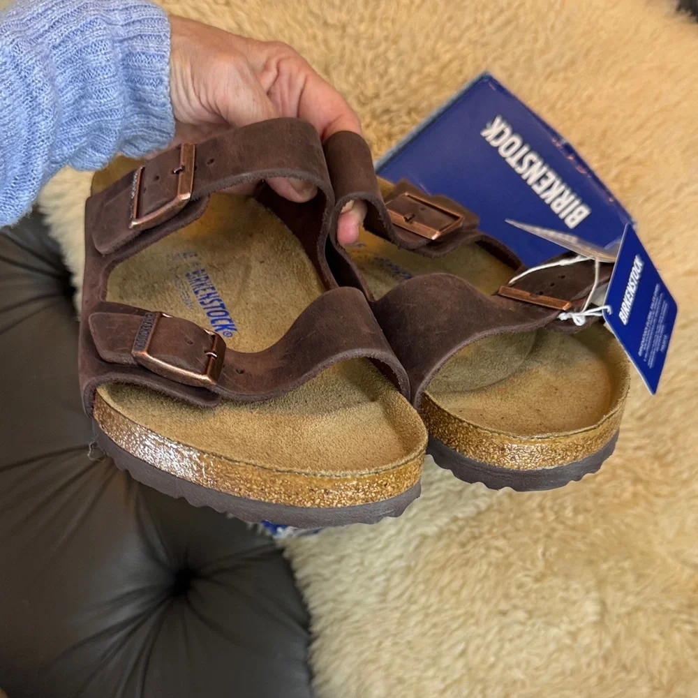 NEW Birkenstock ARIZONA Dk Brown Leather Sandal w/Adjustable Straps Softbed sz12 - Picture 5 of 16